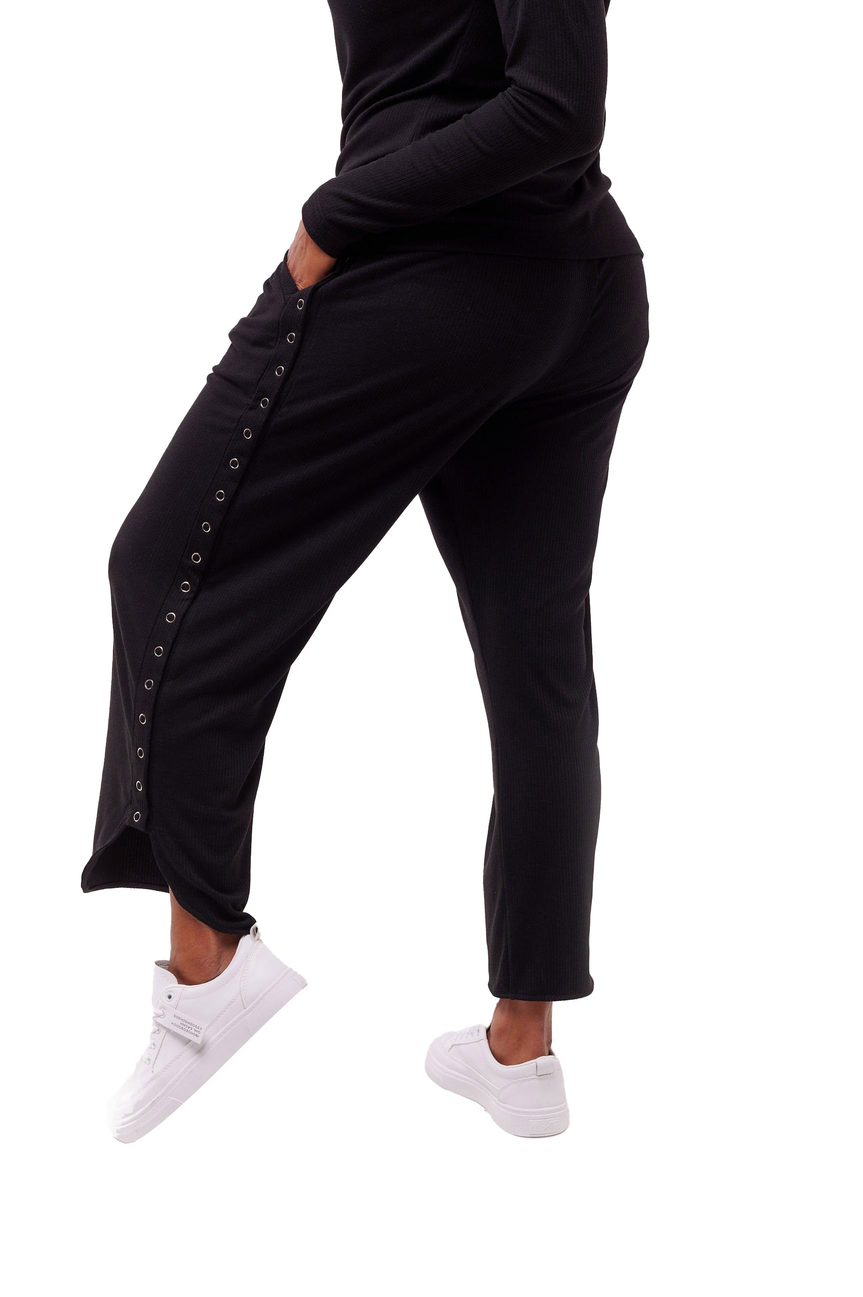 Adaptive elastic waist pants with pockets and decorative zipper, opening on  each side, snap closure, Colour Black, Size 2X-Large - Premier Ostomy Centre