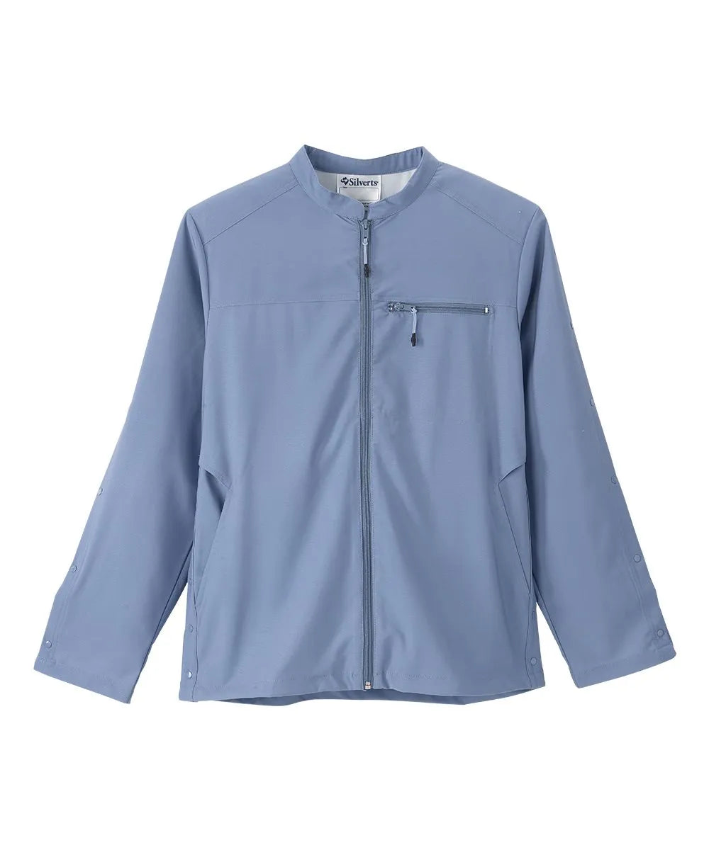 Front view of June Adaptive Senior Men's Zip Front Jacket in light blue, showing the zipper closure and chest pocket.