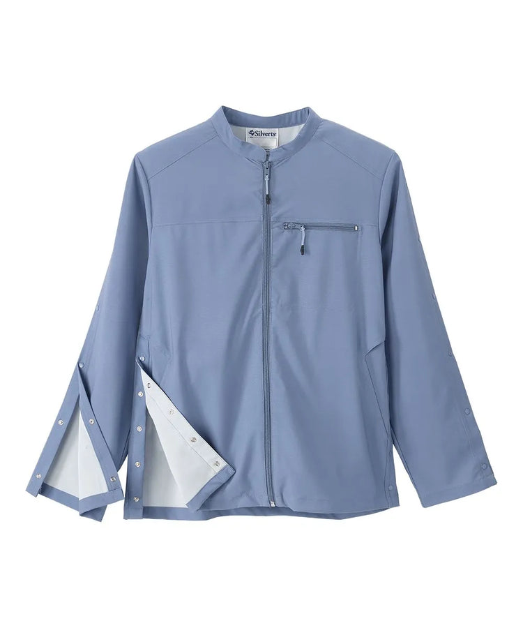 Front view of June Adaptive Senior Men's Zip Front Jacket in light blue, with one sleeve unsnapped to show the adaptive feature.