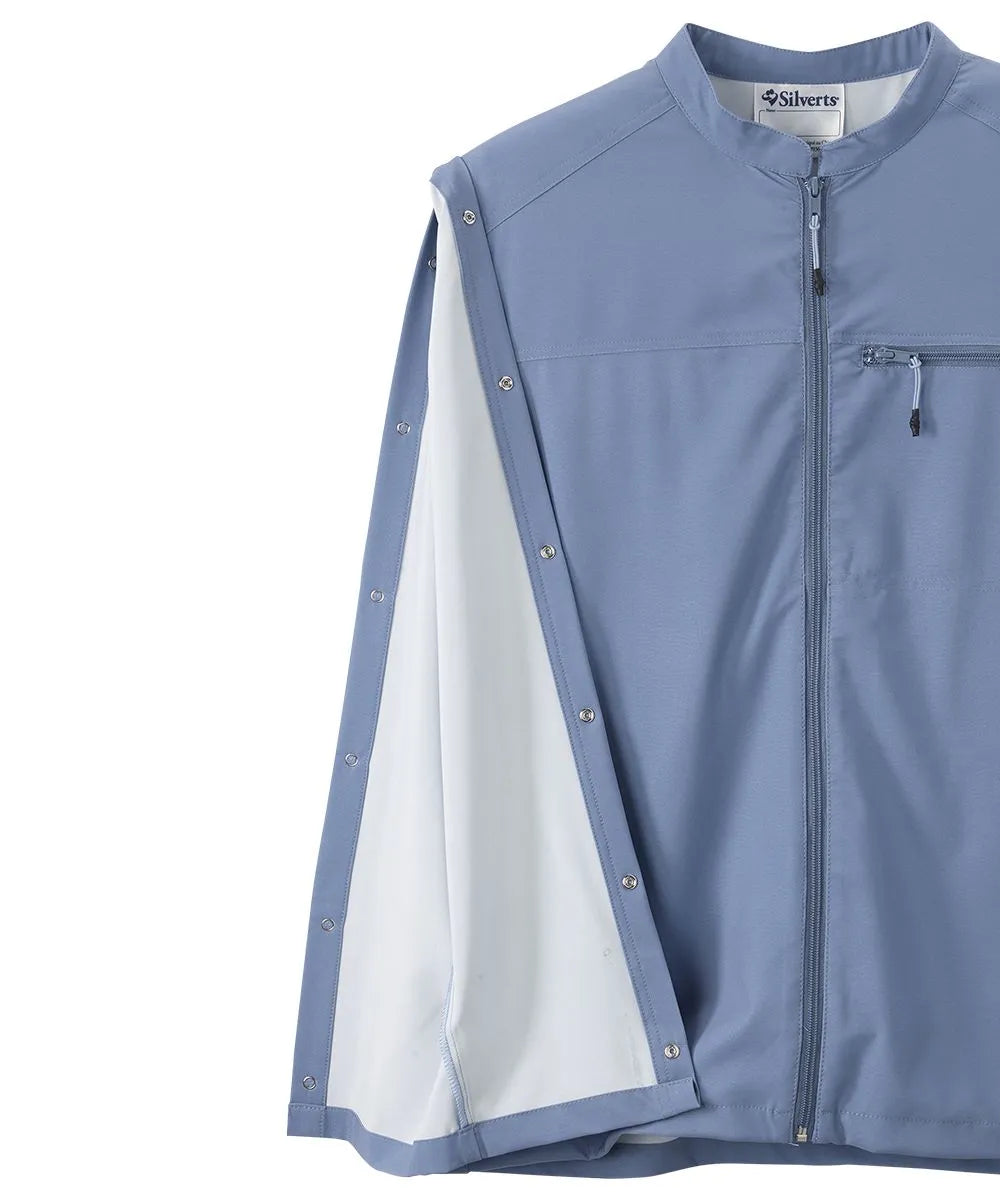 Close-up of the sleeve snap closures on June Adaptive Senior Men's Zip Front Jacket in light blue, demonstrating the easy-access design
