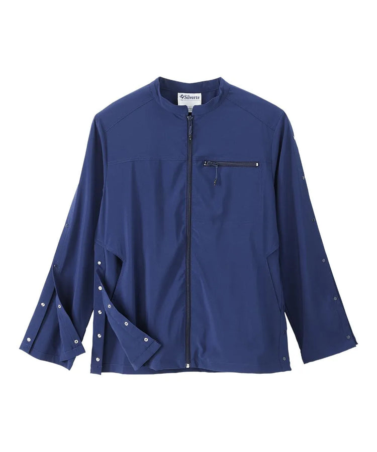 Front view of June Adaptive Senior Men's Zip Front Jacket in navy, with one sleeve unsnapped to show the adaptive feature