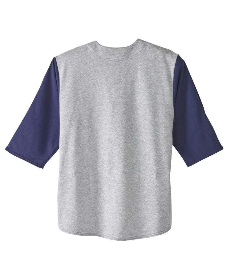 Back view of June Adaptive Unisex Adaptive Shirt in grey with navy sleeves, showing the full length and relaxed fit.