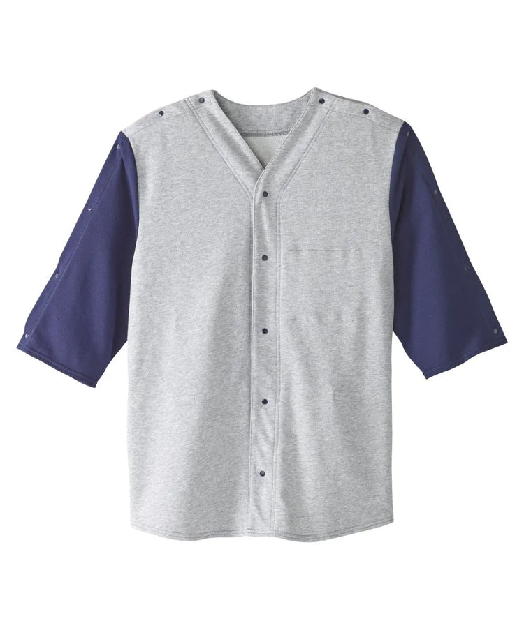 Front view of June Adaptive Unisex Adaptive Shirt in grey with navy sleeves, featuring snap closures for easy dressing