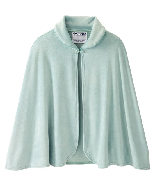 Front view of the baby blue women's sleep cape, showcasing the elegant and flowy design with a high collar for extra warmth and comfort.