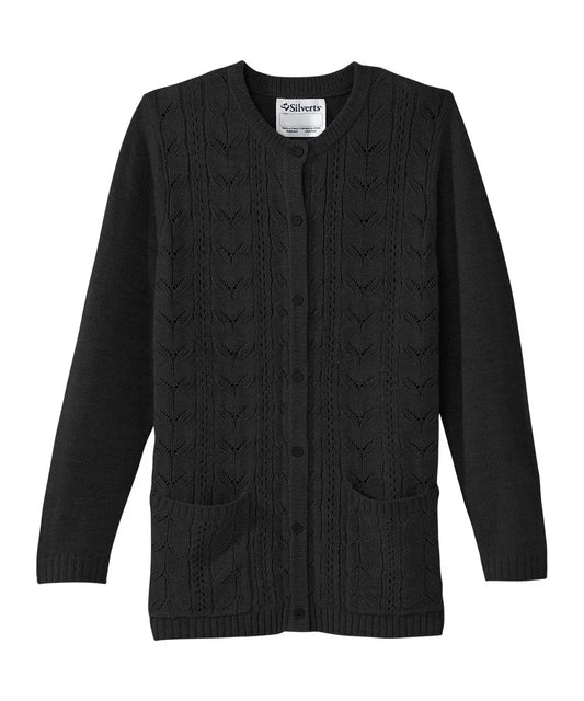 Full front view of June Adaptive Women's Cardigan in Black with button closures and front pockets