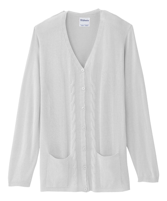 White knit cardigan with low neck line and pockets at front