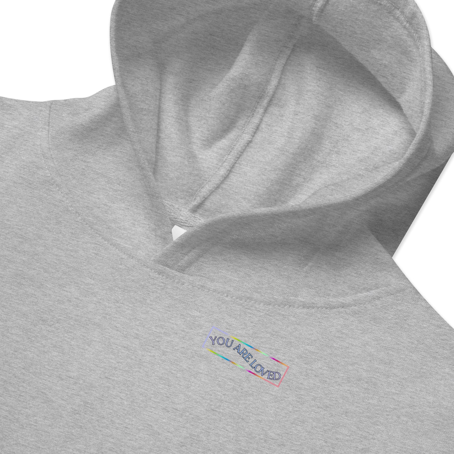 Closeup of Grey  Kidwear Hoodie featuring "You are loved" printed.