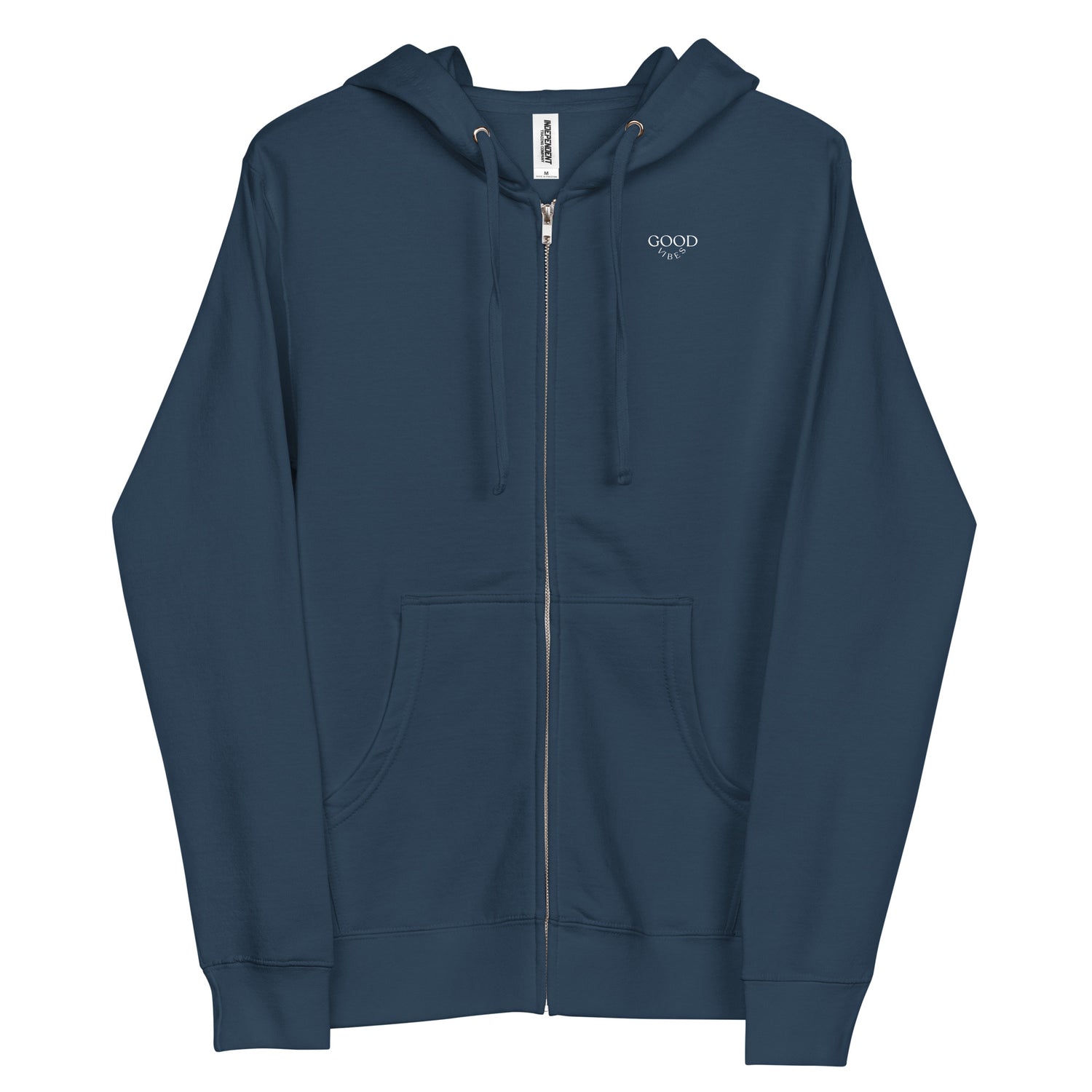 Navy zip up hoodie, featuring "Good Vibes" print and handy front pockets.