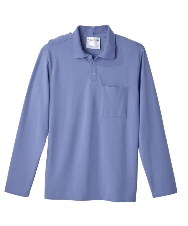 june adaptive mens long sleeve polo shirt with open back in Ciel Blue